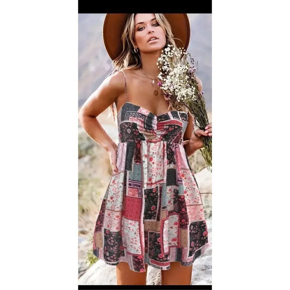 Boho sundress patchwork super cute sweetheart neckline with marked empire waist.